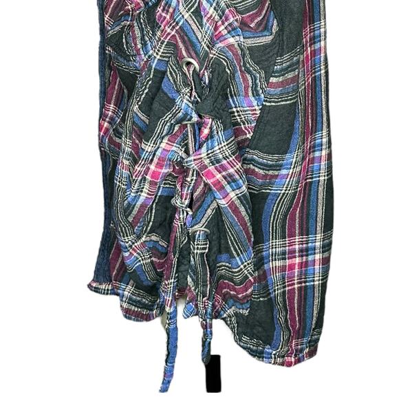 FREE PEOPLE Nordic Day Button Front Oversized Lace Up Sides Plaid Blouse Size M - Picture 4 of 9